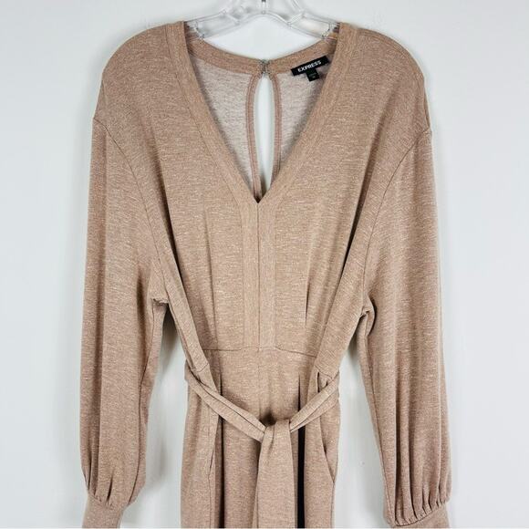 Express tan knit cropped boho tie waist stretch jumpsuit medium - Picture 2 of 9